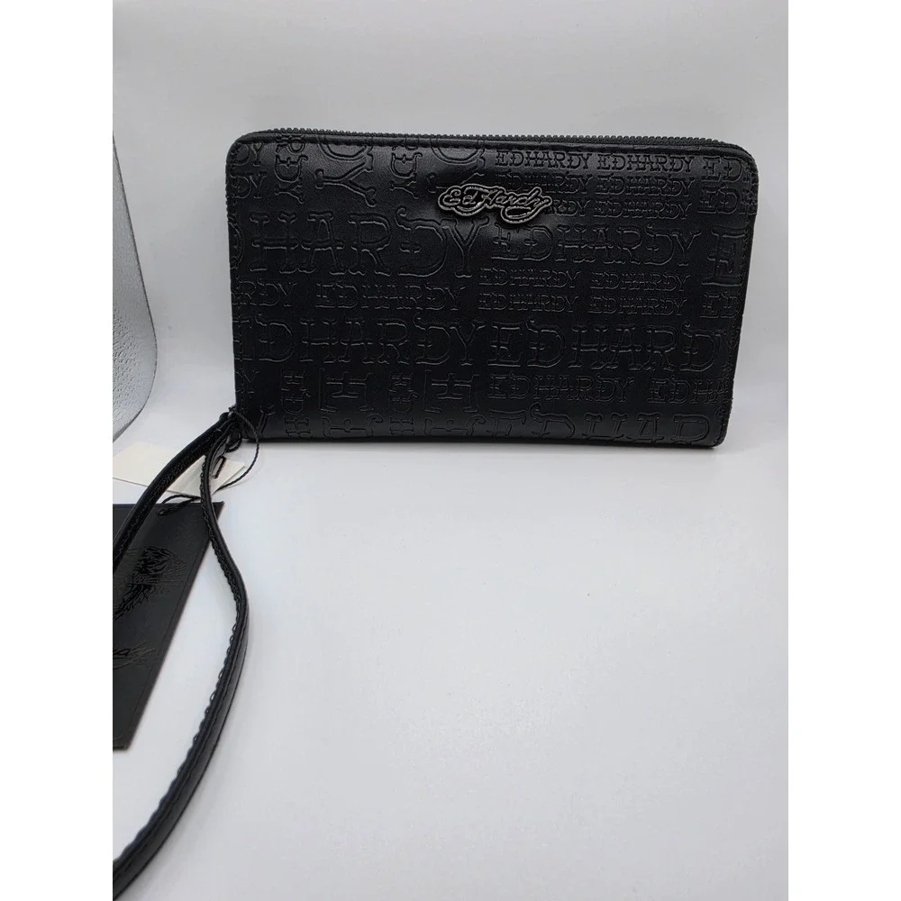 Ed Hardy Black Embossed Logo Zip Around Wristlet Wallet New with Tags